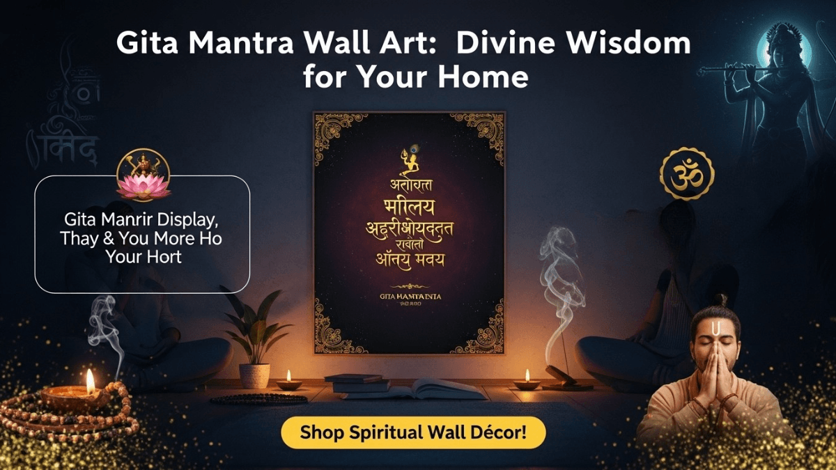 Gita mantra wall art in a spiritual Indian home setting