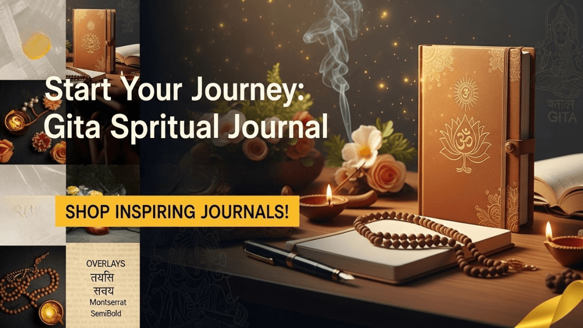 Gita spiritual journal with Gita book and Krishna idol in a peaceful home setting