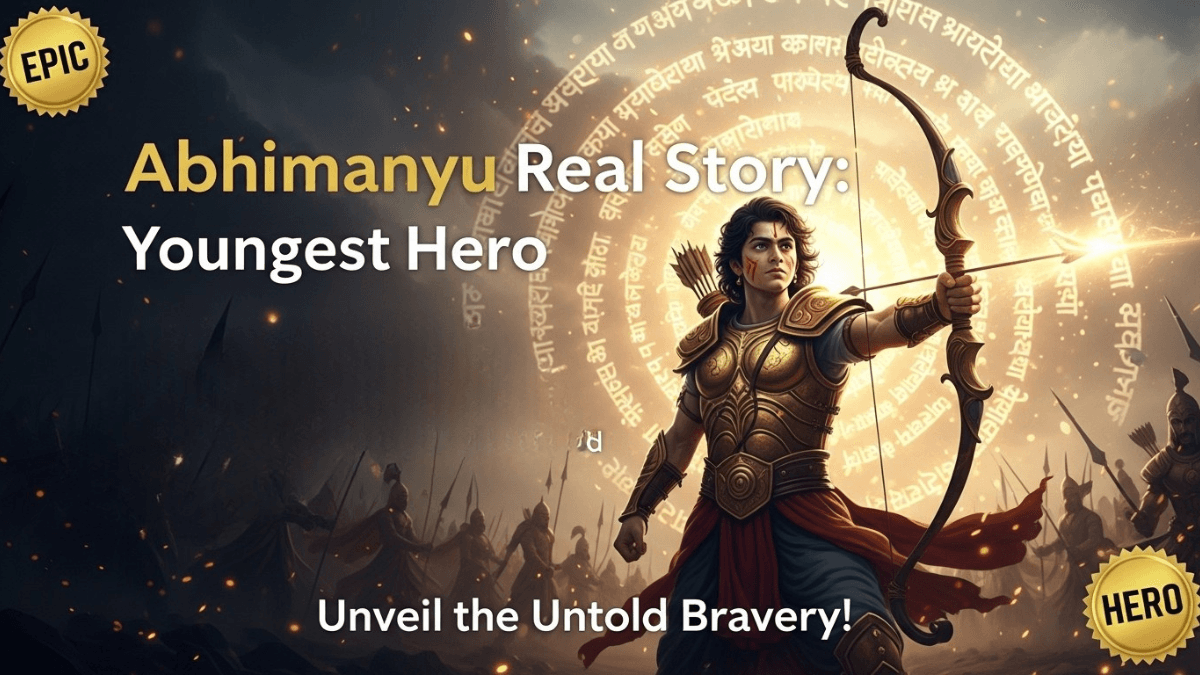Abhimanyu real story, Mahabharata youngest hero, golden armor, Chakravyuh formation, glowing Sanskrit script, epic mythological scene