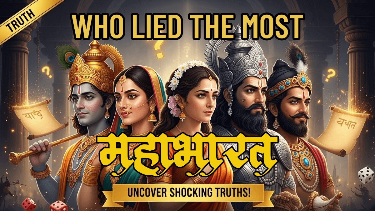 Who lied the most in the Mahabharata? Ancient scroll with question marks, shadowy Mahabharata characters, mysterious golden light, battlefield, mythological theme