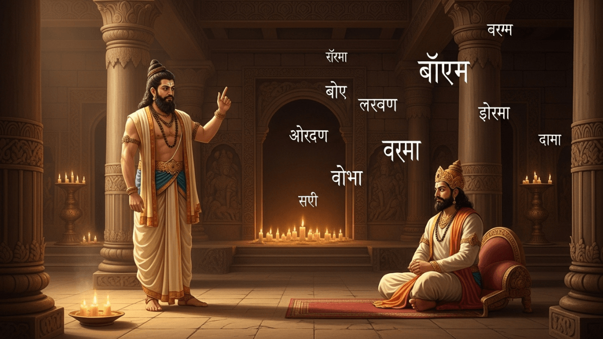 Vidura the wise counselor, advising King Dhritarashtra, royal hall, ancient pillars, Sanskrit text, atmosphere of wisdom and dharma