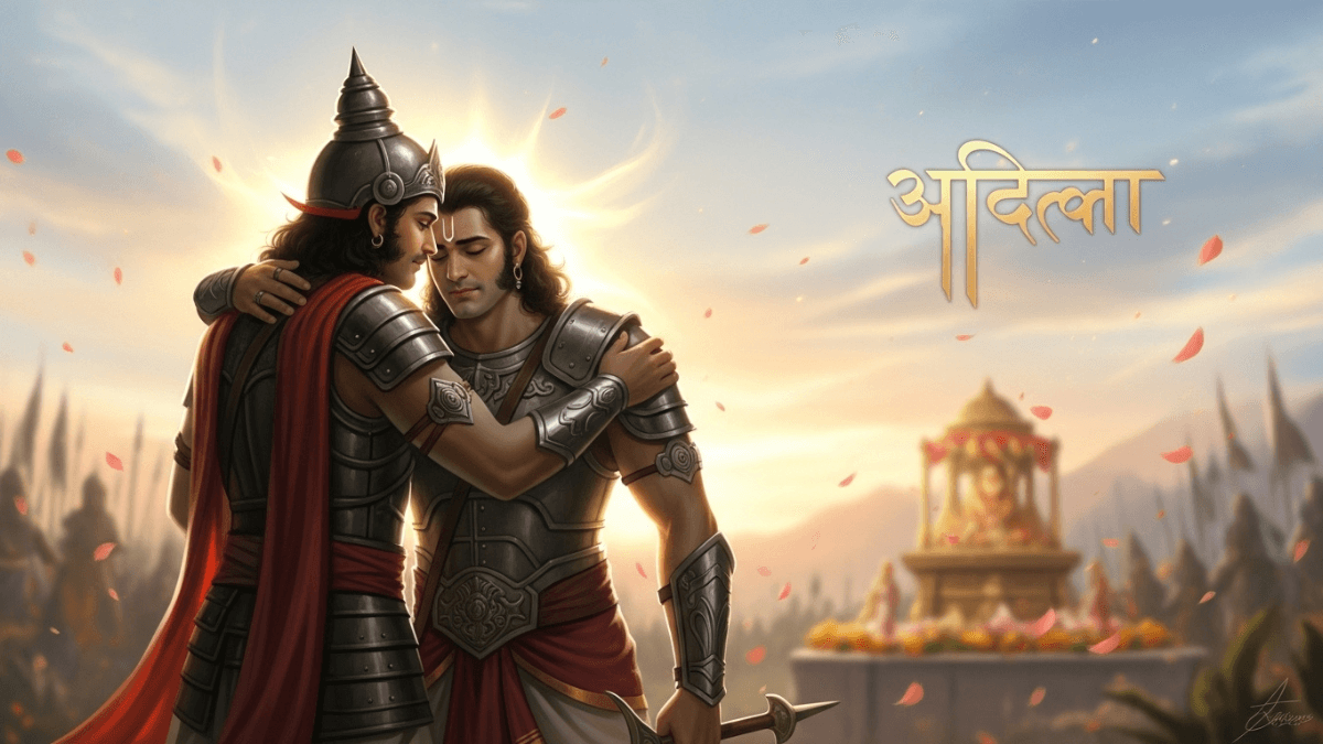 Iravan real story, Iravan bidding farewell to Arjuna, golden aura, ancient armor, sacrificial altar, sunrise, Sanskrit script, Mahabharata