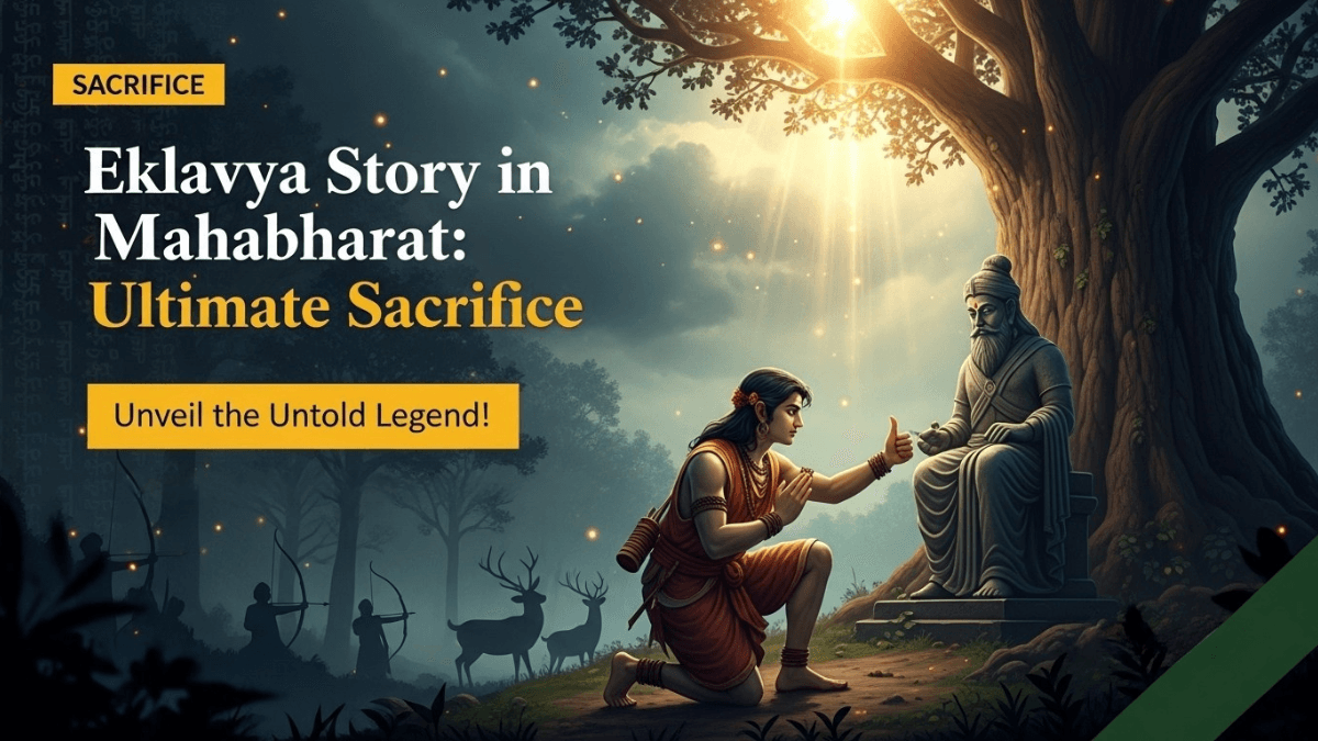 Eklavya story in Mahabharat, Eklavya kneeling and offering thumb to Dronacharya idol, ancient forest, golden light, mythological sacrifice scene