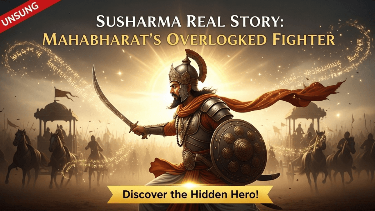 Susharma real story, Mahabharata Trigarta king in battle armor, sword and shield, cavalry charge, Sanskrit script, epic battlefield
