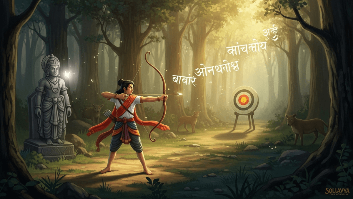 Eklavya story in Mahabharat, Eklavya practicing archery, Dronacharya idol, mystical forest, Sanskrit script, forest animals