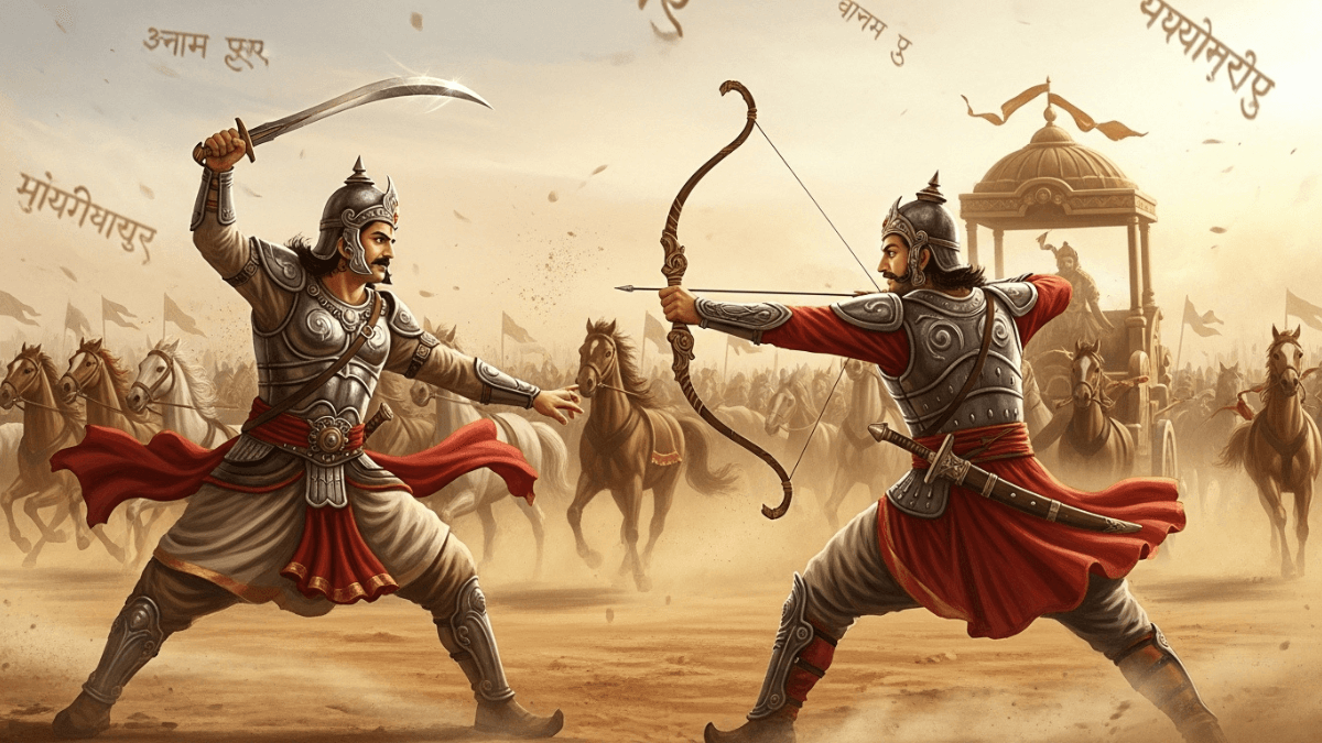 Susharma real story, Susharma dueling Arjuna, curved sword vs Gandiva bow, chariots and horses, battlefield, Sanskrit script