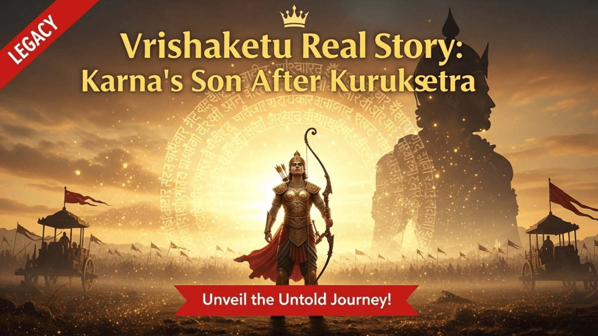 Vrishaketu real story, Karna’s son in golden armor on Kurukshetra battlefield at dawn, holding bow, Karna’s faded silhouette, sunrise, mythological legacy