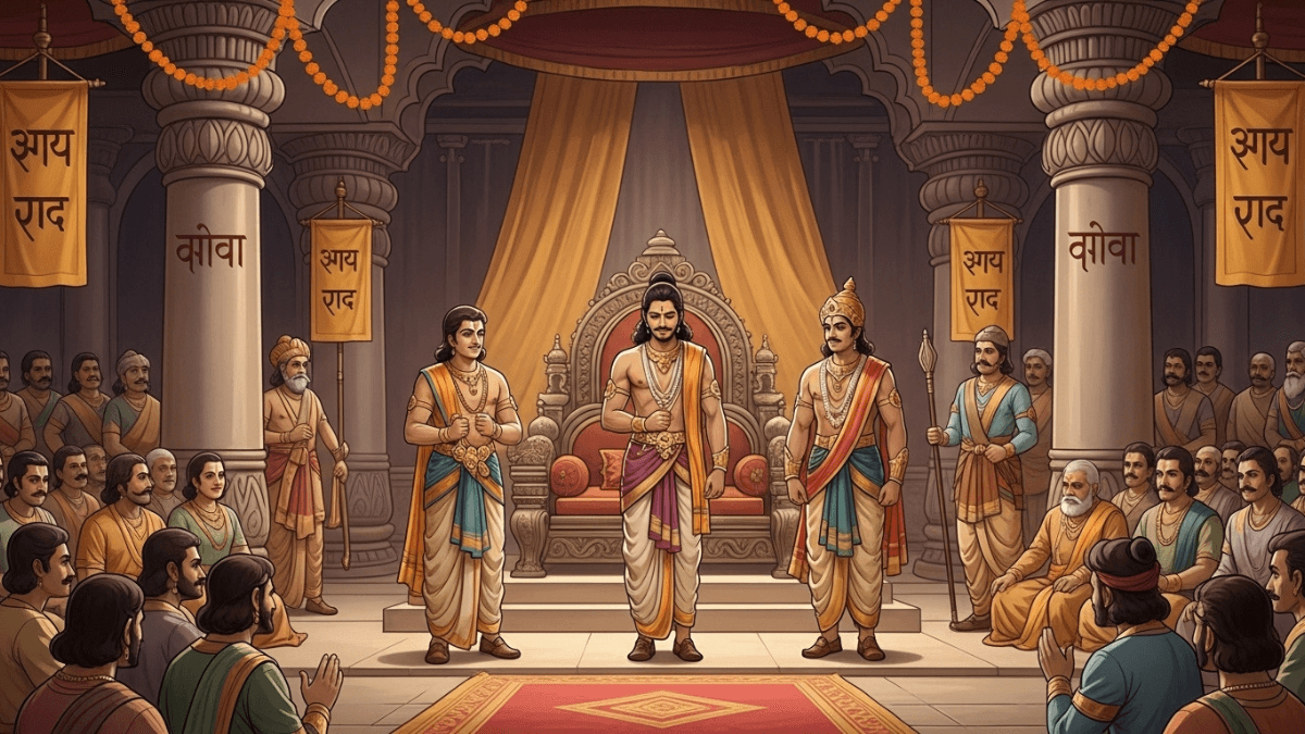 Vrishaketu real story, Vrishaketu welcomed in Hastinapur court by Yudhishthir and Arjuna, royal pillars, Sanskrit carvings, legacy scene