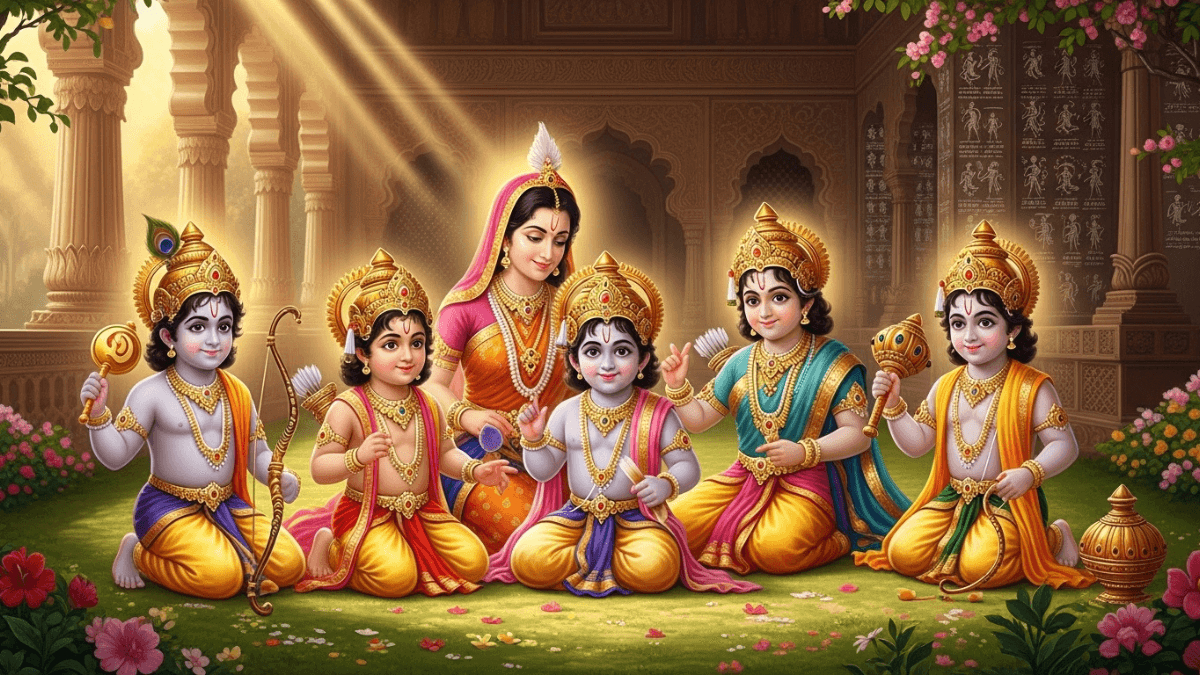 The Five Pandavas real story, Pandavas as children with Kunti and Madri in palace garden, divine aura, symbolic objects, golden light, Mahabharata origin scene
