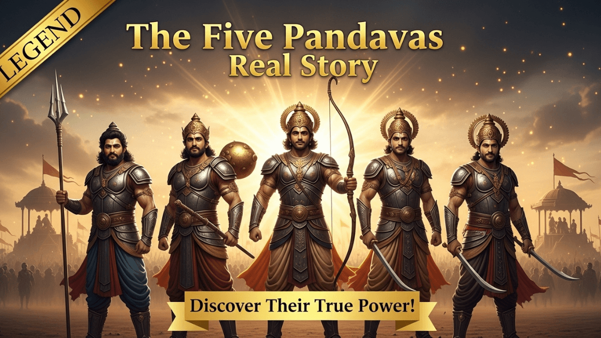 The Five Pandavas real story, all five brothers in ancient armor with unique weapons, united on Kurukshetra battlefield, golden divine aura, Mahabharata epic scene
