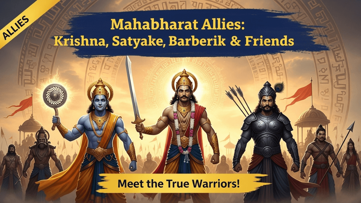 Mahabharat allies, Krishna, Satyaki, Barbarik, and friends united on Kurukshetra battlefield with divine aura, Sanskrit scripts, Mahabharata epic scene