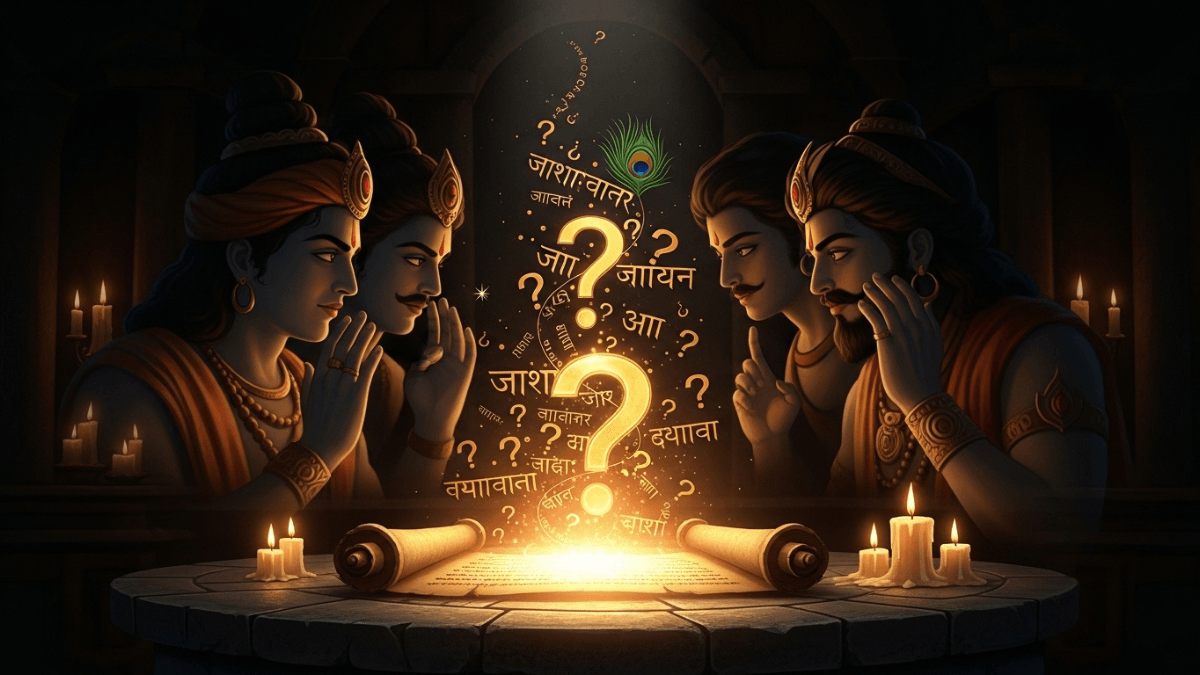 Who lied the most in the Mahabharata? Glowing ancient scroll, shadowy silhouettes of Krishna, Shakuni, Yudhishthir, golden question marks, Sanskrit script