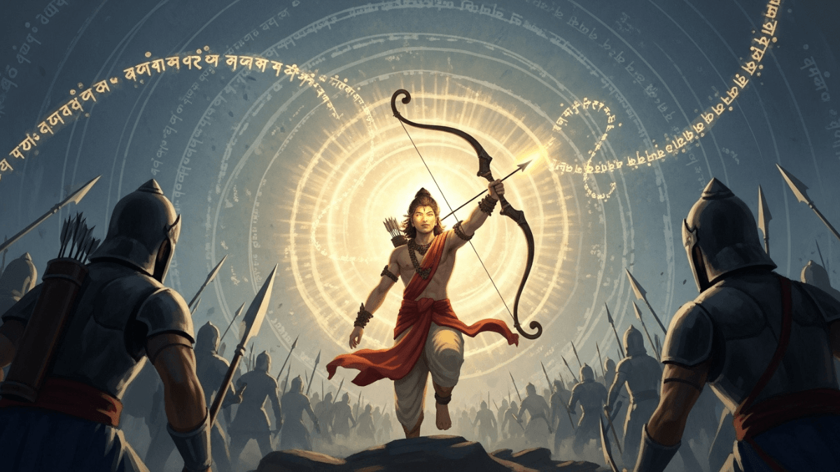 Abhimanyu real story, Abhimanyu surrounded by Chakravyuh, holding bow, golden light, Sanskrit script, mythological courage