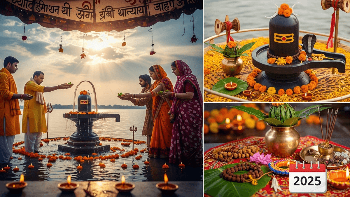 Sawan 2025 vrat rituals on Ganga bank with devotees, Shiva lingam, and sacred offerings