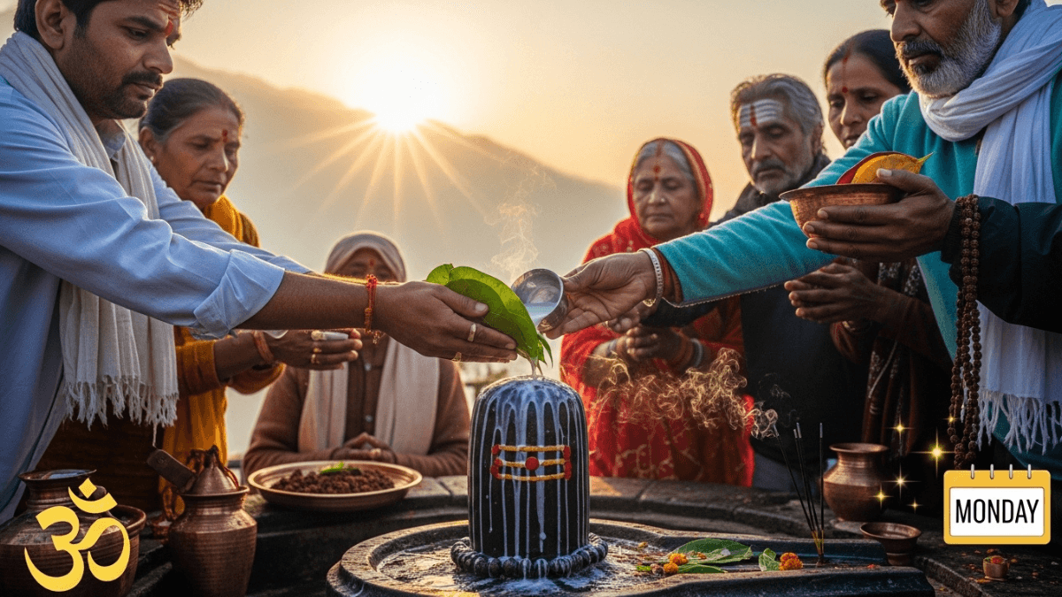 Monday Shiva devotion ritual with devotees, Shiva lingam, and sacred offerings