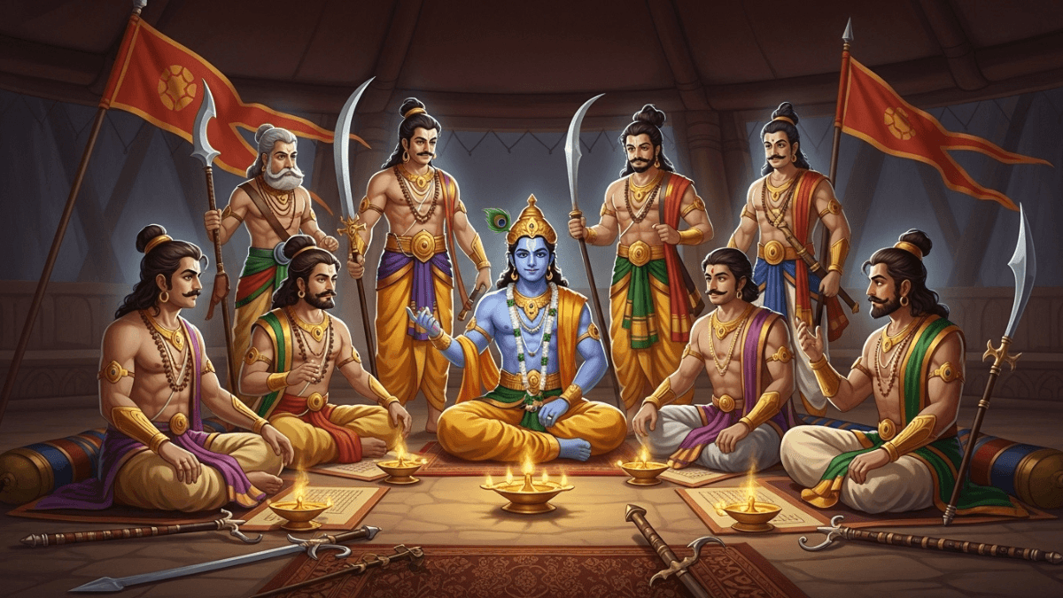 Mahabharat allies, Krishna, Satyaki, Barbarik, and other warriors in royal war council, ancient camp, battle flags, weapons, golden lamp light, Mahabharata scene