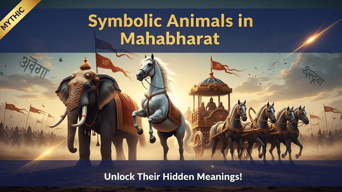 Symbolic animals in Mahabharat, white horse, war elephant, golden chariot on battlefield, epic sunrise, Sanskrit scripts, Mahabharata mythology scene