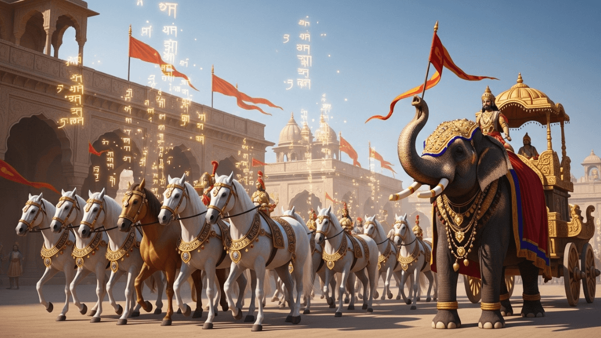 Symbolic animals in Mahabharat, ceremonial procession with white horses, royal elephant, ornate chariot, palace arches, Sanskrit patterns, spiritual significance