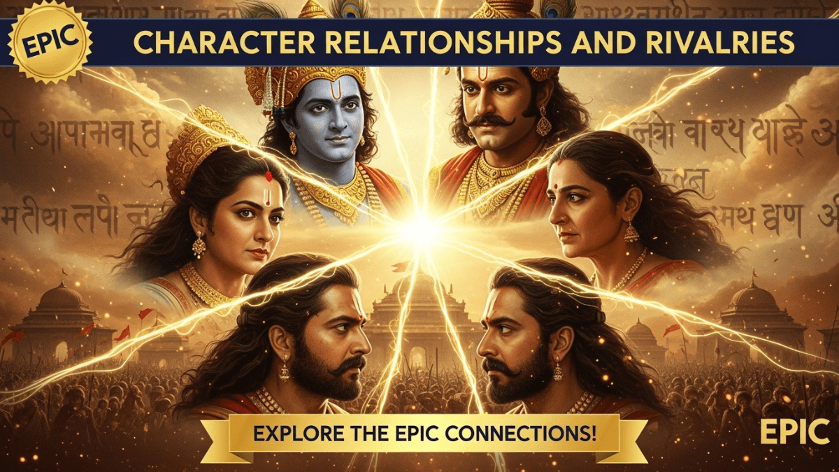 Character relationships and rivalries, Mahabharat heroes in dynamic circle, glowing lines showing alliances and conflicts, epic mythological scene