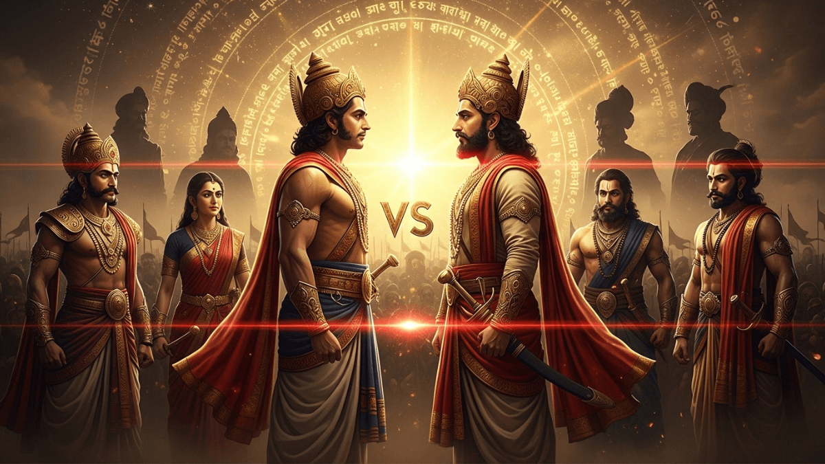 Character relationships and rivalries, Arjuna and Karna face-off with allies Krishna and Duryodhana, Mahabharat battlefield, observing characters, glowing alliances and rivalries