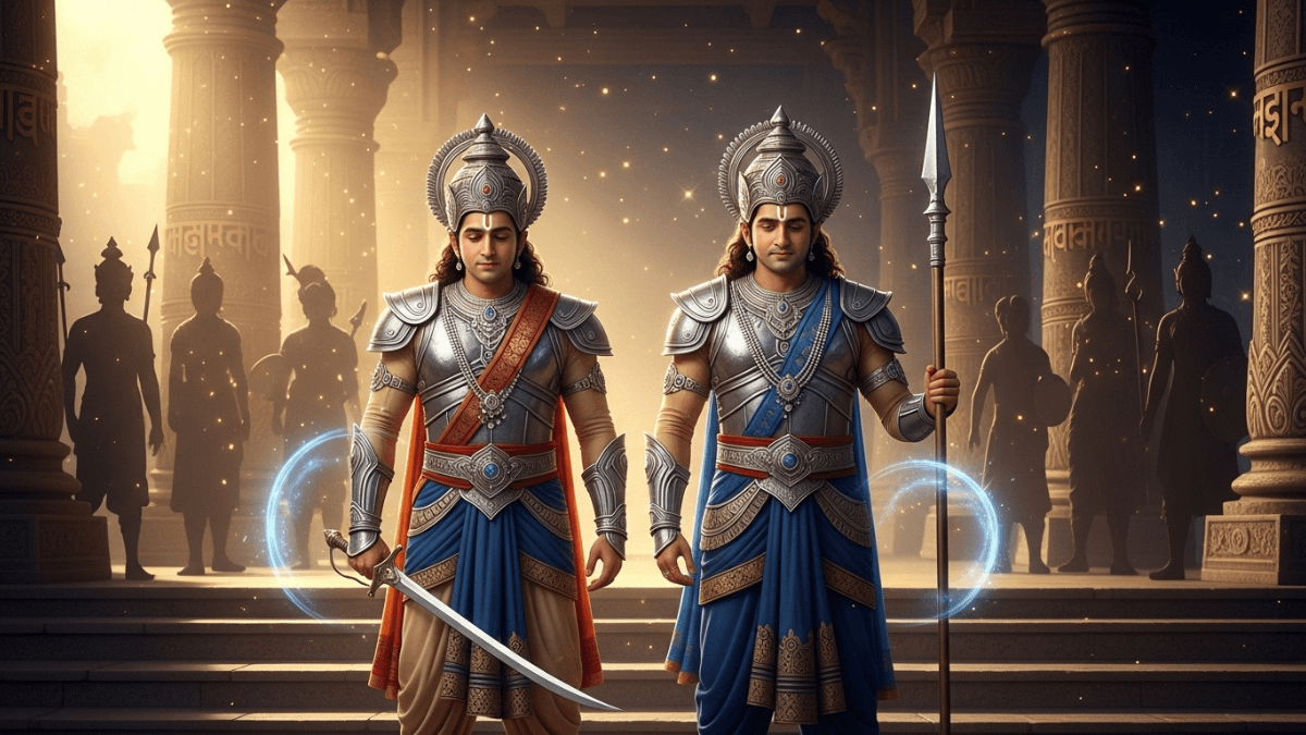Nakul and Sahdev in silver-blue armor, with sword and spear, standing on palace steps, Pandava silhouettes and Sanskrit pillars in golden light.