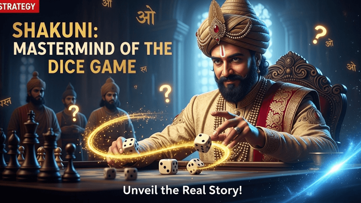 Shakuni real story, Mahabharata dice game mastermind, rolling ivory dice, sly smile, royal robes, chessboard, Sanskrit script, mythological intrigue