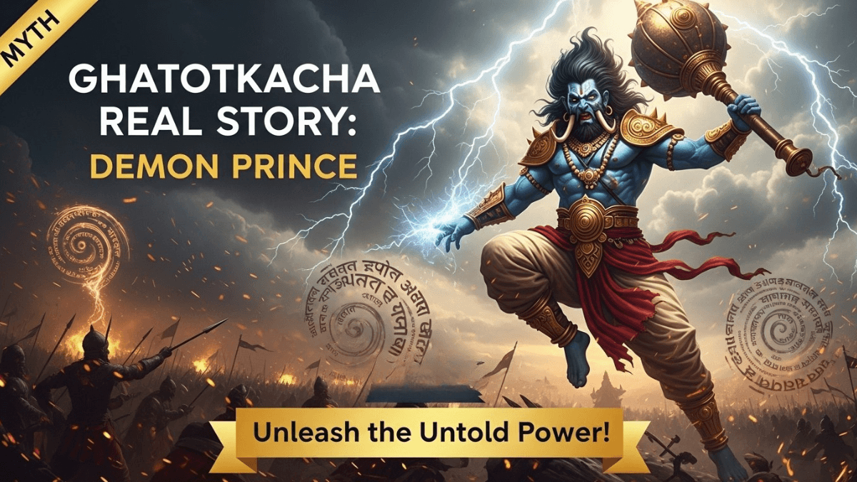 Ghatotkacha real story, Mahabharat demon prince with blue skin, golden armor, glowing mace, stormy battlefield, mythological scene