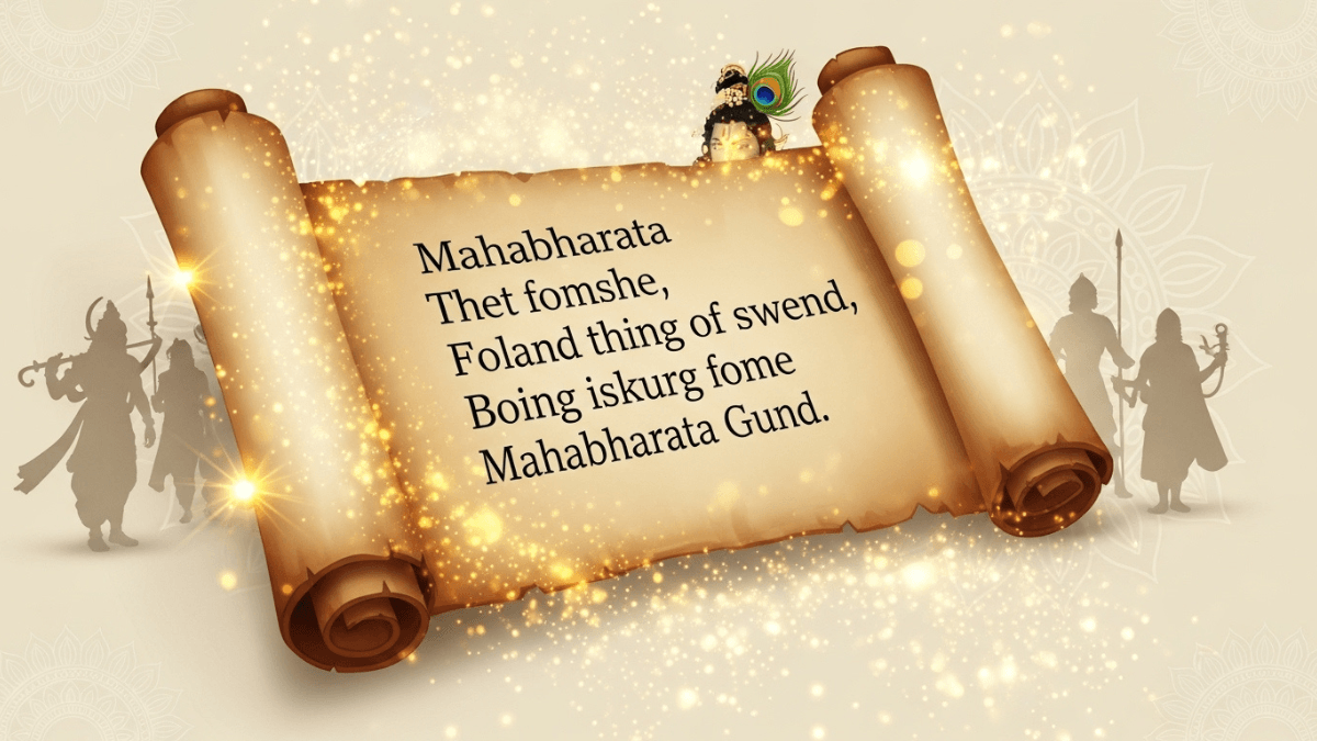 Best Mahabharata story in simple English, open scroll with verses, glowing particles, silhouettes of Krishna and Arjuna