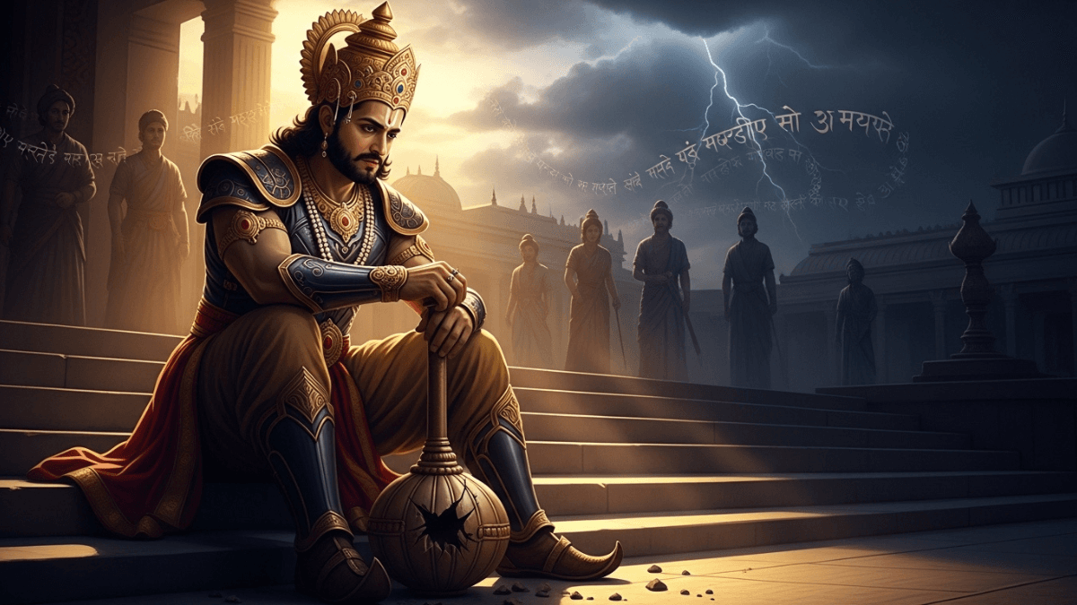 Duryodhana: Villain or Victim? thumbnail with Duryodhana in dark-gold armor, jeweled crown, half-lit face, stormy palace background, Pandava silhouettes, shattered mace, Sanskrit scripts, cosmic sparkles