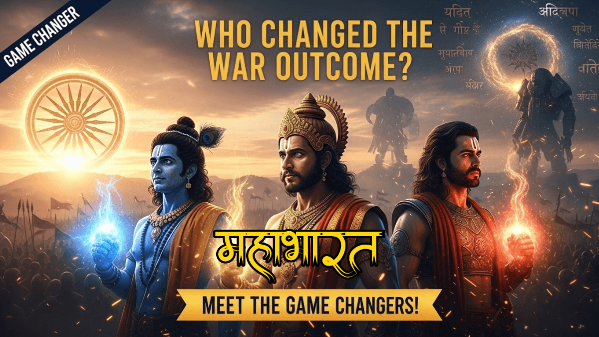 Who Changed the War Outcome, Mahabharata heroes Krishna, Arjuna, Karna, glowing battlefield, chakra, cosmic energy, mythological epic