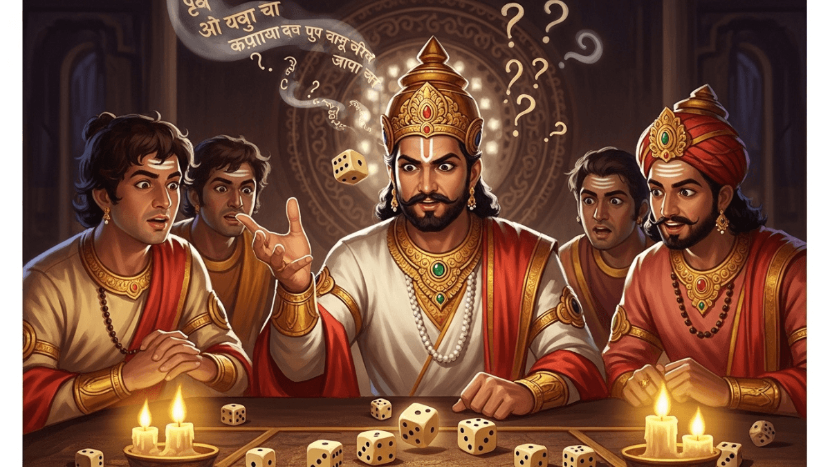 Shakuni real story, Shakuni and Duryodhana at dice game table, casting ivory dice, Pandavas in background, Sanskrit script, tense epic scene