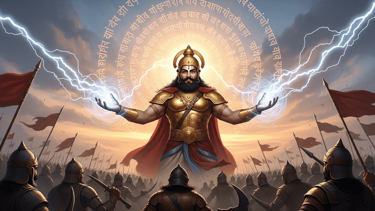 Ghatotkacha real story, giant demon prince conjuring lightning, golden armor, facing Kaurava army, mystical Sanskrit sky, Mahabharata