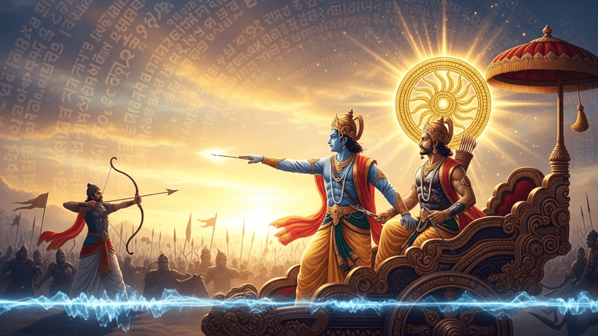 Who Changed the War Outcome, Krishna and Arjuna on chariot, Karna in distance, glowing chakra, Sanskrit script, epic battlefield scene
