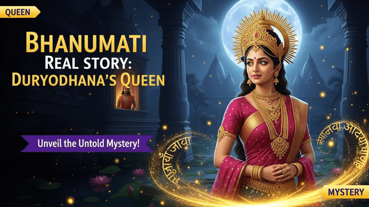 Bhanumati real story, Duryodhana’s queen in royal attire, palace gardens, gold jewelry, moonlight, Hastinapur, mythological mystery scene