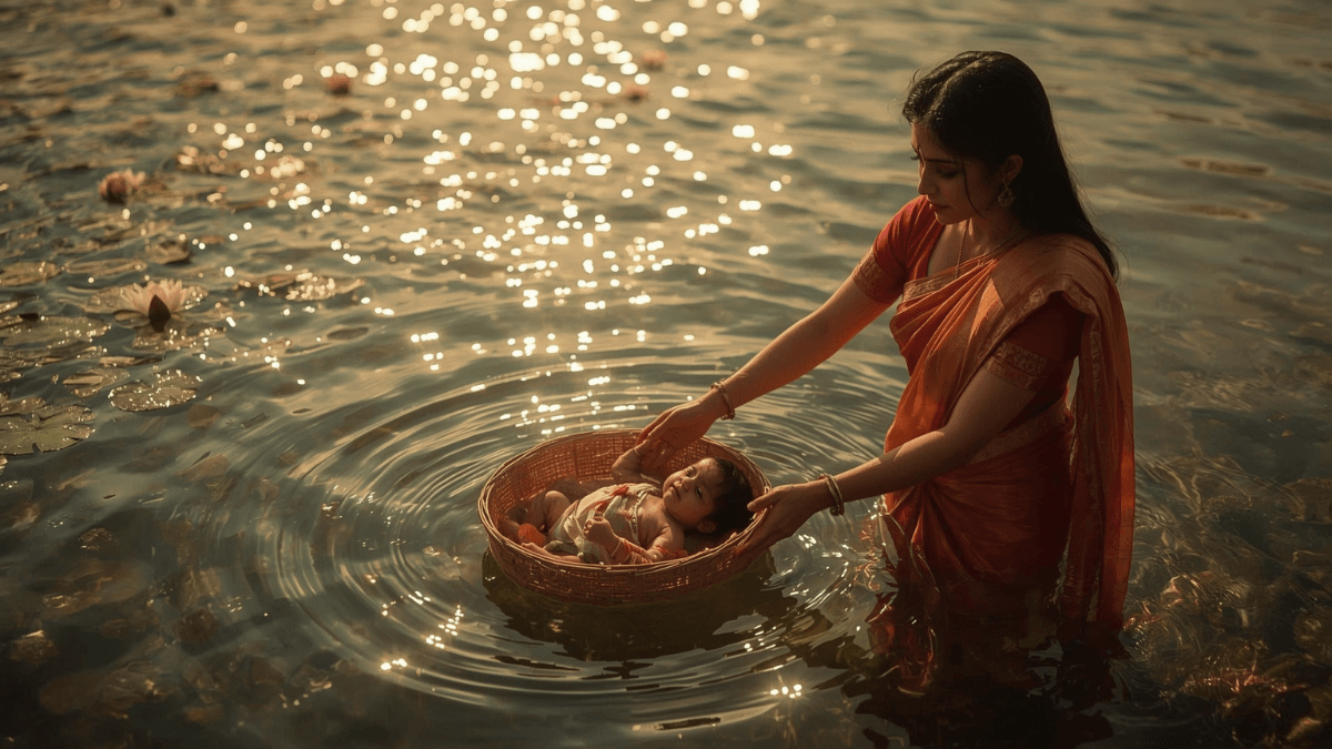 Kunti life story, Kunti placing baby Karna in river basket at sunrise, Sanskrit script, emotional