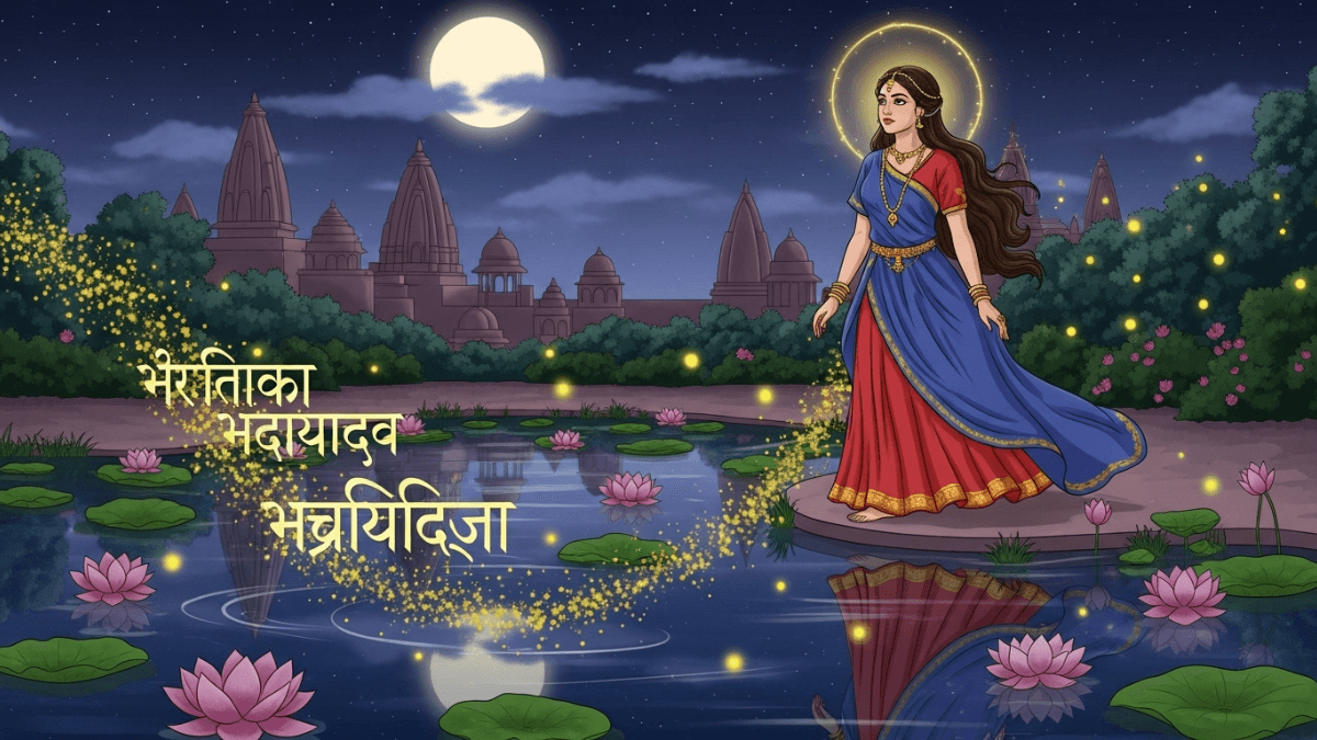 Bhanumati real story, Bhanumati by lotus pond at night, palace gardens, fireflies, temple towers, mythological beauty, Sanskrit script