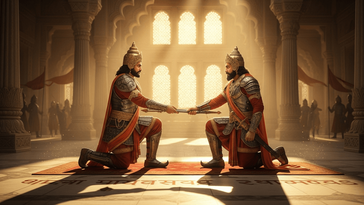 Dushasana real story, Dushasana kneeling before Duryodhana, both in battle armor and royal sashes, Hastinapur palace, golden light, Sanskrit shadows, epic brotherhood scene