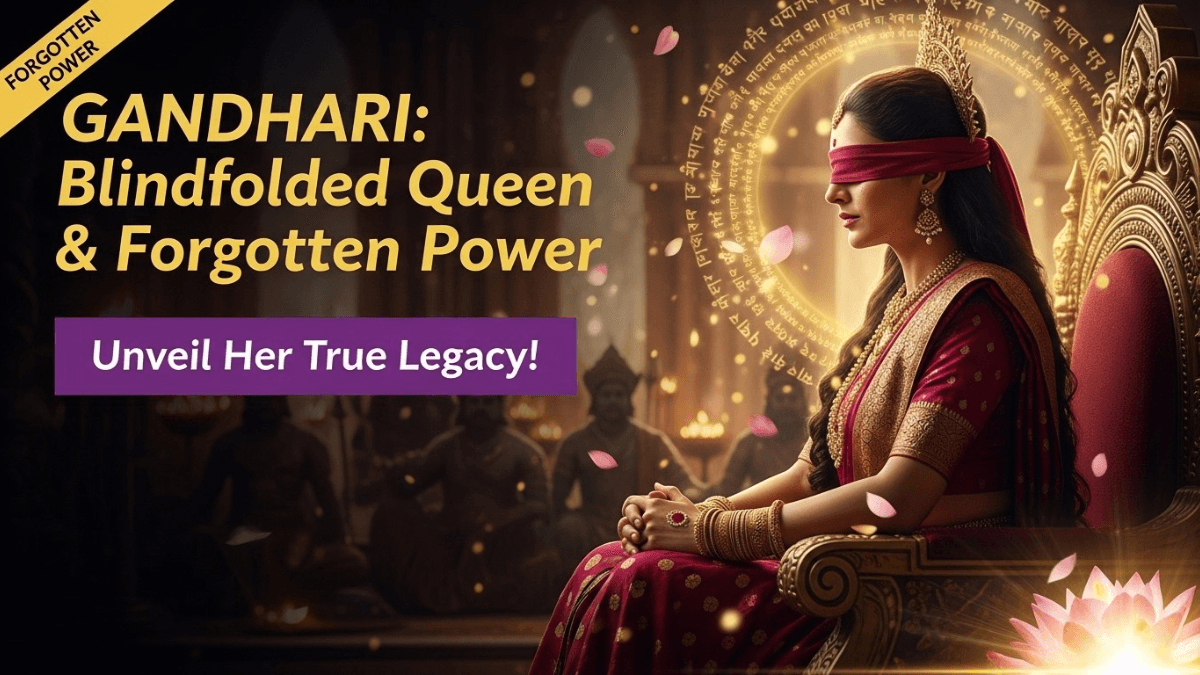 Gandhari blindfolded queen, sitting on golden throne, royal attire, silk blindfold, Kaurava silhouettes, Sanskrit script, mythological palace scene