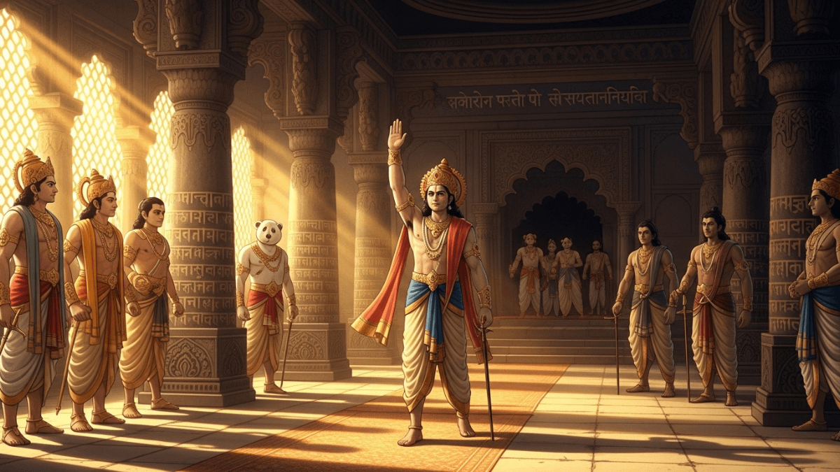 Yuyutsu real story, Yuyutsu in Hastinapur court taking vow, Pandavas approving, Kauravas in shadow, Sanskrit pillars, golden light, justice