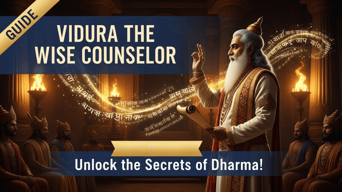 Vidura the wise counselor, Mahabharata sage in ancient robes with scroll, royal court, golden light, Pandavas and Kauravas silhouettes, Sanskrit script