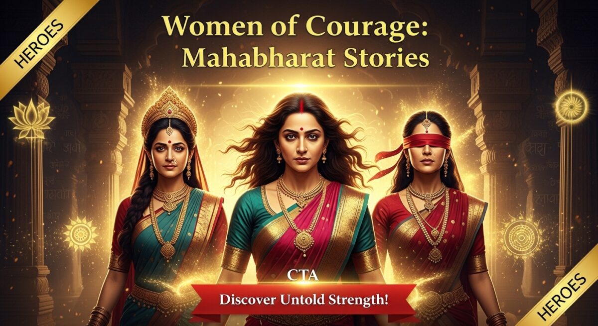 Women of Courage Mahabharat, Draupadi Kunti Gandhari united with glowing auras, ancient palace background, mythological symbols, epic strength scene
