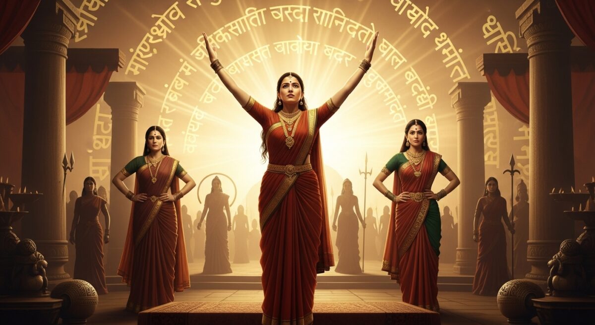 Women of Courage Mahabharat, Draupadi pleading in royal court with Kunti and Gandhari, golden light, Sanskrit scripts, Mahabharata women unity scene