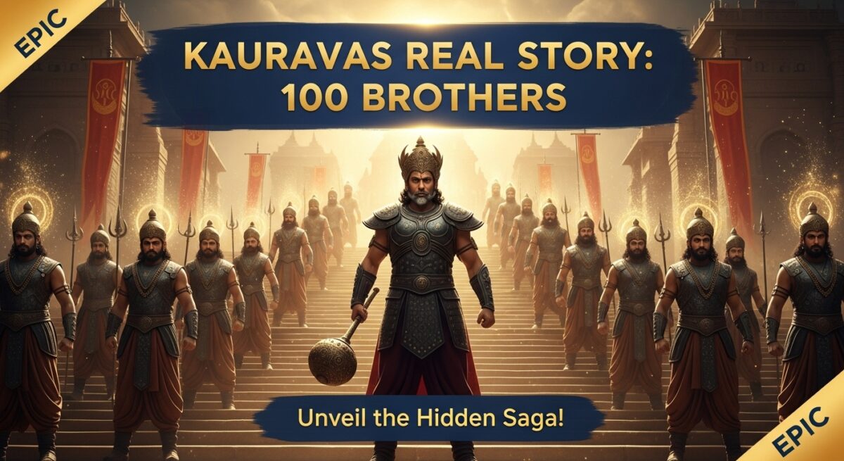 Kauravas real story, Duryodhana and ninety-nine brothers in royal armor, united on Hastinapur palace steps, golden aura, Mahabharata epic scen