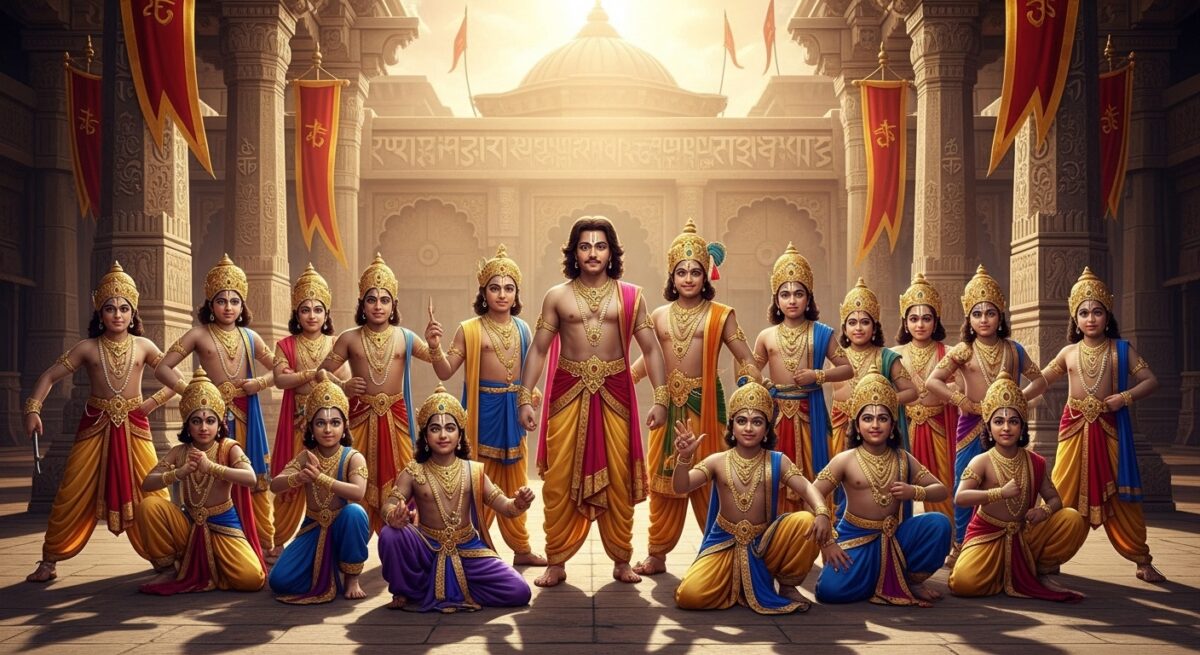 Kauravas real story, hundred brothers as young princes with Duryodhana and Dushasana in Hastinapur courtyard, royal attire, golden light, Mahabharata origin