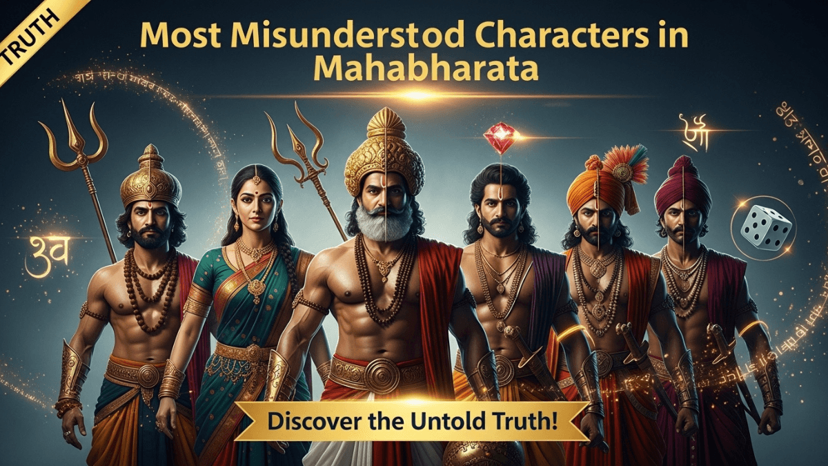 Most misunderstood characters in Mahabharata, lineup of Karna, Draupadi, Duryodhana, Ashwatthama, Shakuni with mythological symbols, cinematic shadows, epic style
