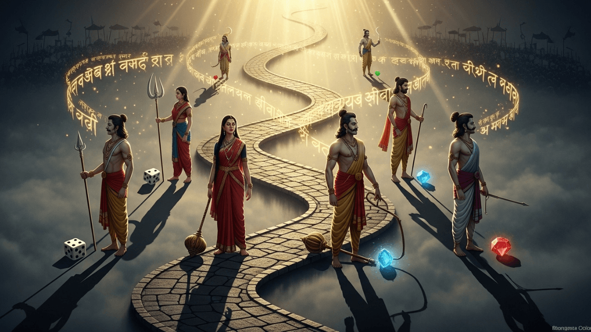 Most misunderstood characters in Mahabharata, Karna, Draupadi, Duryodhana, Ashwatthama, Shakuni on ancient path, Sanskrit script, symbolic objects, golden light, epic story