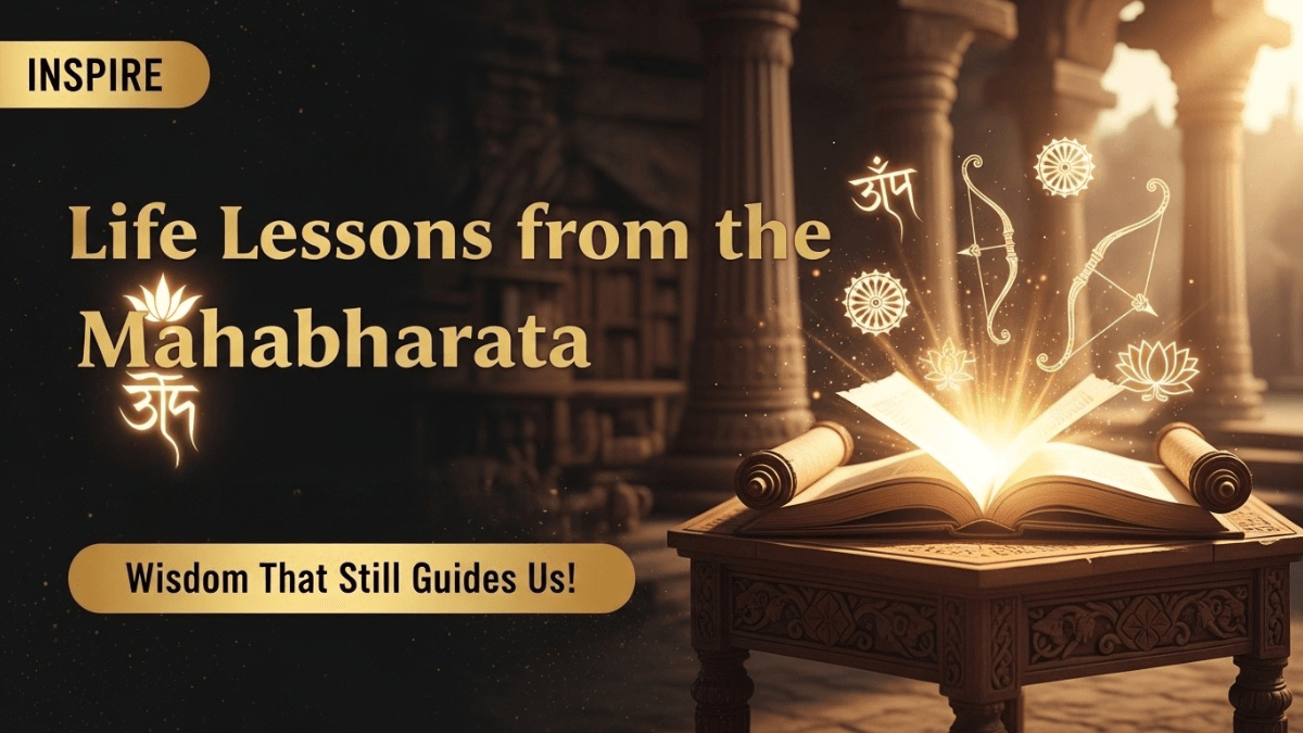Life lessons from the Mahabharata, glowing ancient scroll, Krishna’s Sudarshan Chakra, Arjuna’s Gandiva bow, Sanskrit script, temple background