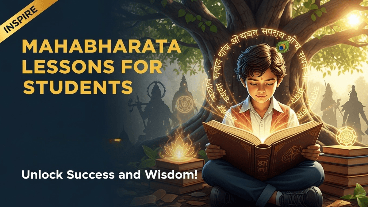Mahabharata lessons for students, focused young student reading glowing scripture under banyan tree, mythological symbols, inspiring learning scene