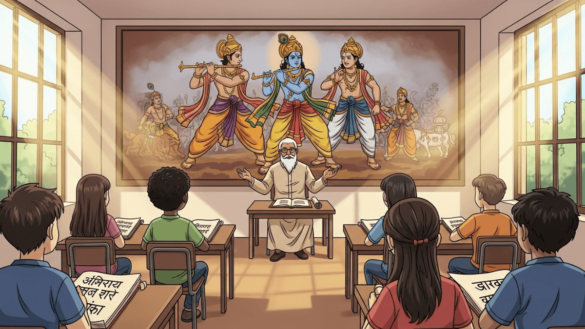 Mahabharata lessons for students, classroom with diverse students and teacher narrating epic stories, mural of Pandavas and Krishna, golden light