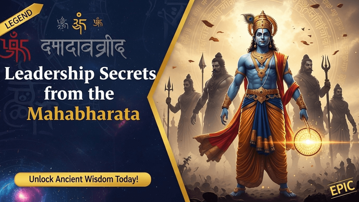 Leadership secrets from the Mahabharata, Krishna with Sudarshan Chakra, Mahabharata leaders silhouettes, epic battlefield background